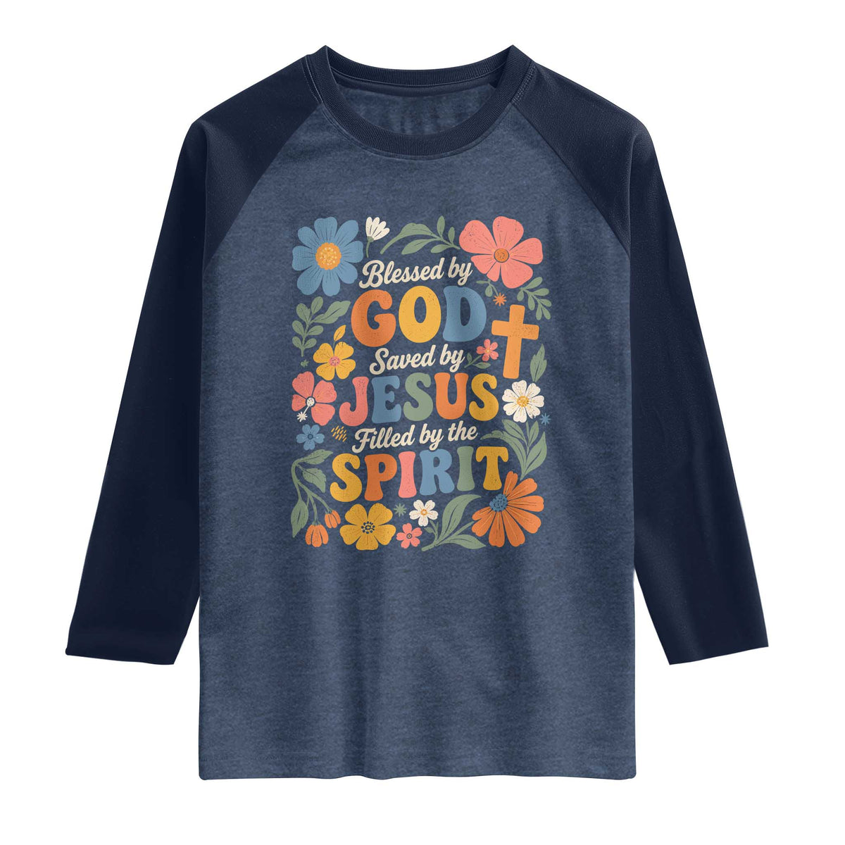 Boho Floral Christian Raglan Shirt Blessed Saved By Jesus Cross Flower TS10 Heather Denim Navy Print Your Wear