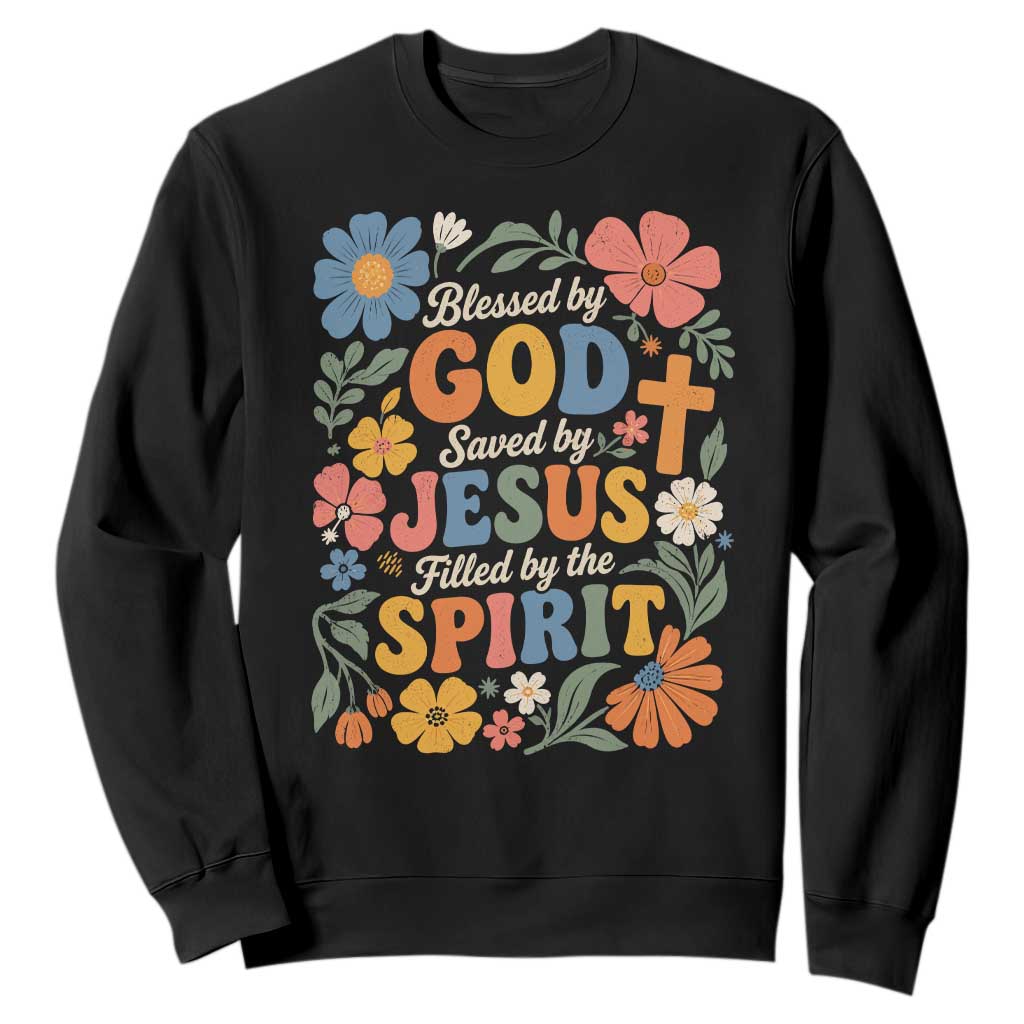 Boho Floral Christian Sweatshirt Blessed Saved By Jesus Cross Flower TS10 Black Print Your Wear