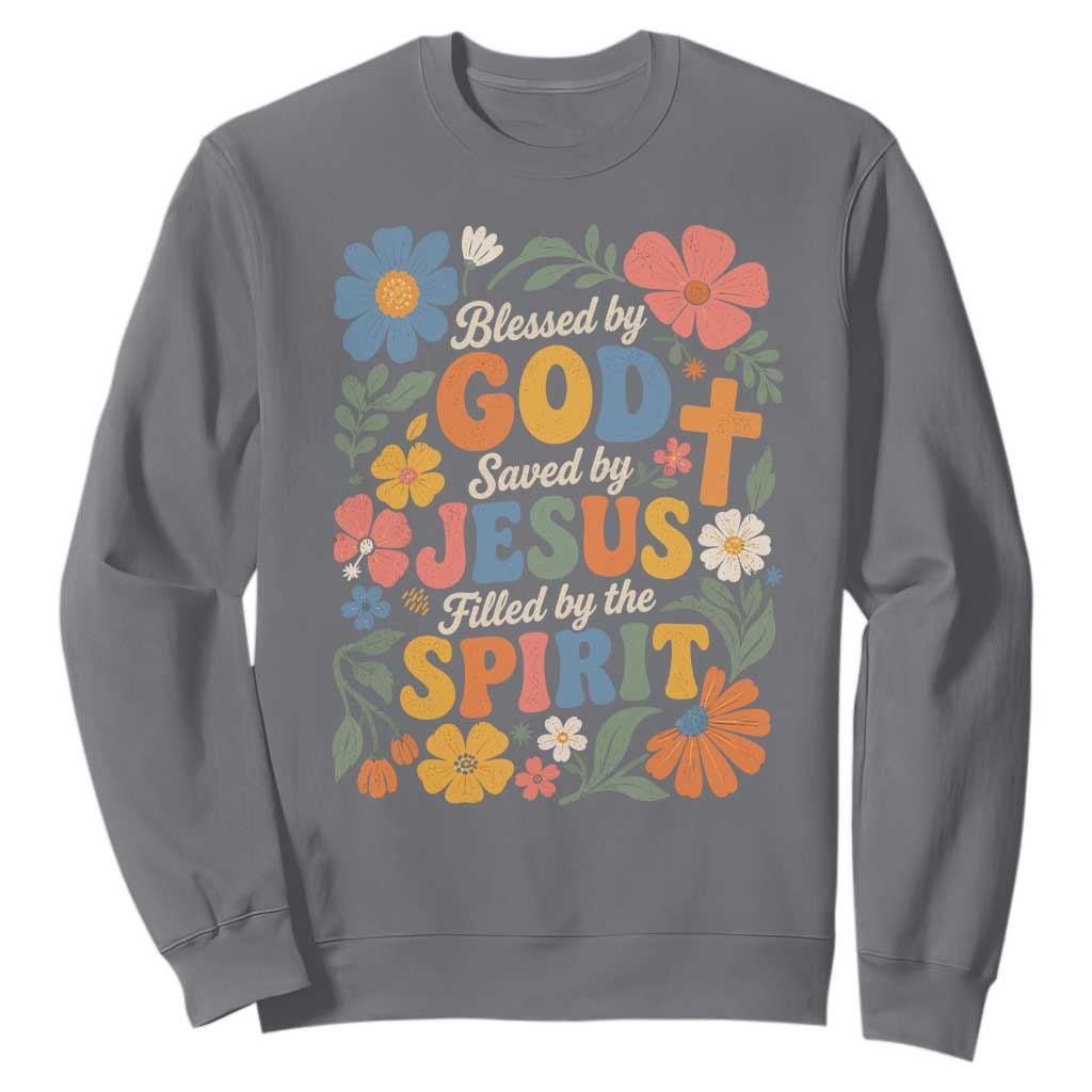 Boho Floral Christian Sweatshirt Blessed Saved By Jesus Cross Flower TS10 Charcoal Print Your Wear