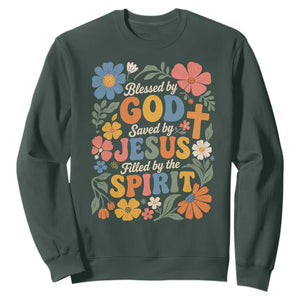 Boho Floral Christian Sweatshirt Blessed Saved By Jesus Cross Flower TS10 Dark Forest Green Print Your Wear
