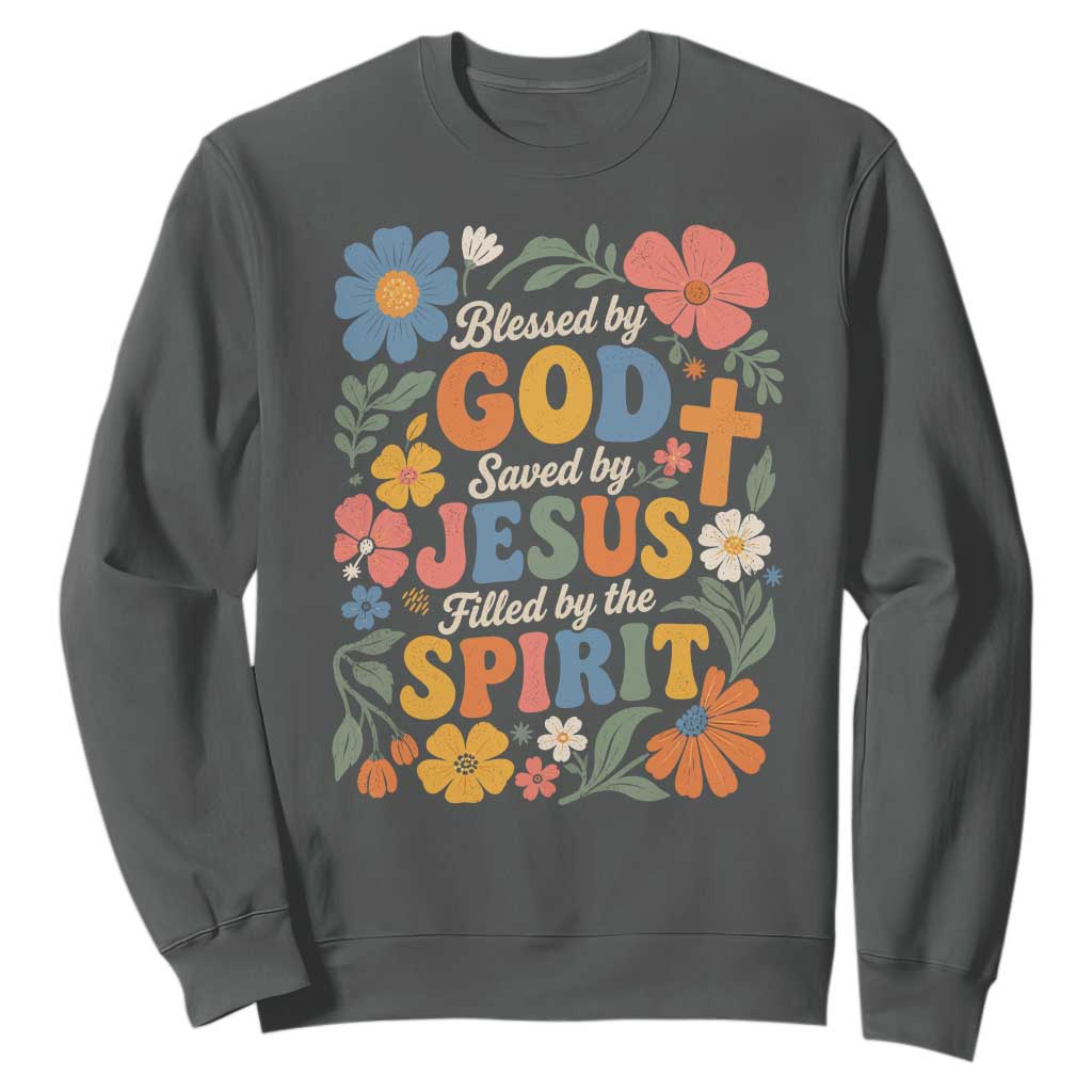 Boho Floral Christian Sweatshirt Blessed Saved By Jesus Cross Flower TS10 Dark Heather Print Your Wear