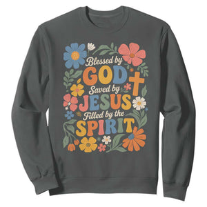Boho Floral Christian Sweatshirt Blessed Saved By Jesus Cross Flower TS10 Dark Heather Print Your Wear
