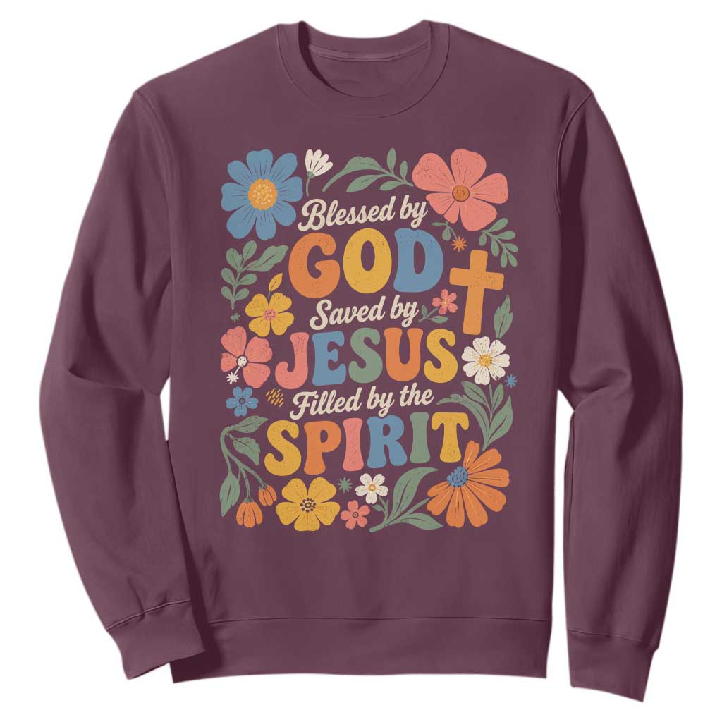 Boho Floral Christian Sweatshirt Blessed Saved By Jesus Cross Flower TS10 Maroon Print Your Wear