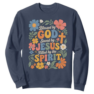 Boho Floral Christian Sweatshirt Blessed Saved By Jesus Cross Flower TS10 Navy Print Your Wear