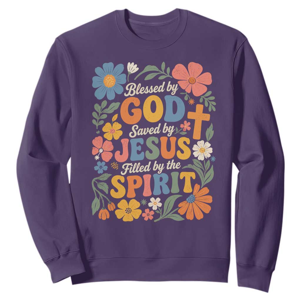 Boho Floral Christian Sweatshirt Blessed Saved By Jesus Cross Flower TS10 Purple Print Your Wear