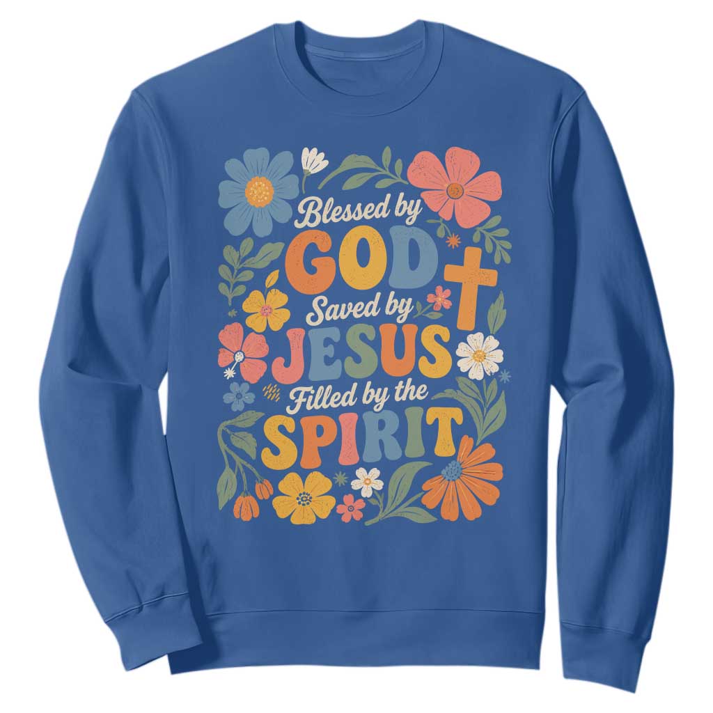 Boho Floral Christian Sweatshirt Blessed Saved By Jesus Cross Flower TS10 Royal Blue Print Your Wear