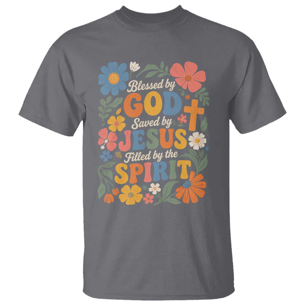 Boho Floral Christian T Shirt Blessed Saved By Jesus Cross Flower TS10 Charcoal Print Your Wear
