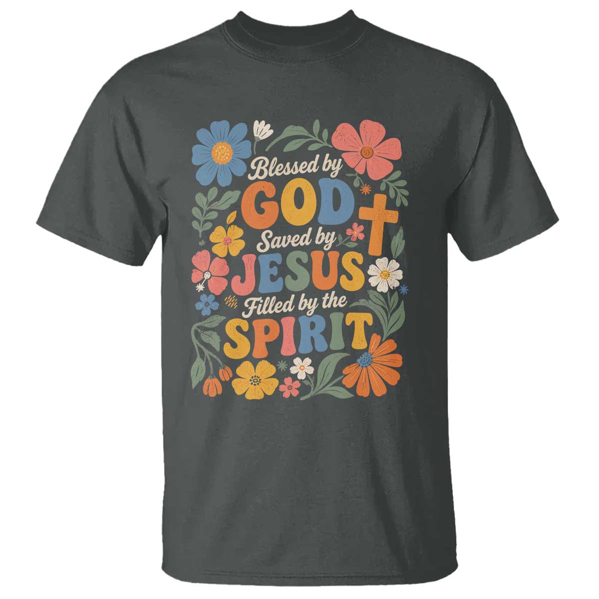 Boho Floral Christian T Shirt Blessed Saved By Jesus Cross Flower TS10 Dark Heather Print Your Wear