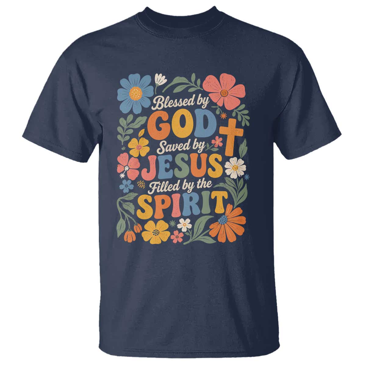 Boho Floral Christian T Shirt Blessed Saved By Jesus Cross Flower TS10 Navy Print Your Wear
