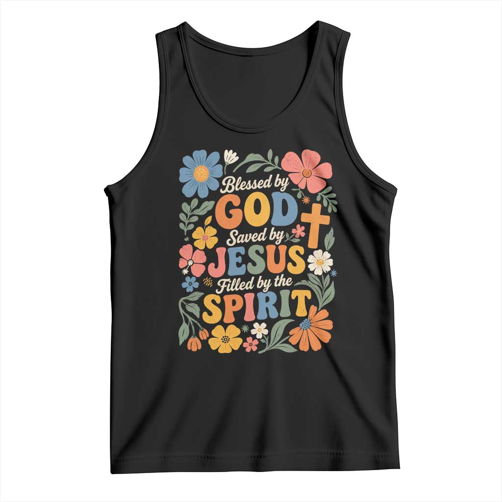 Boho Floral Christian Tank Top Blessed Saved By Jesus Cross Flower TS10 Black Print Your Wear