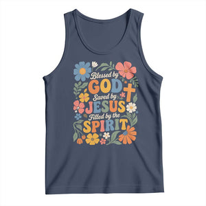 Boho Floral Christian Tank Top Blessed Saved By Jesus Cross Flower TS10 Navy Print Your Wear