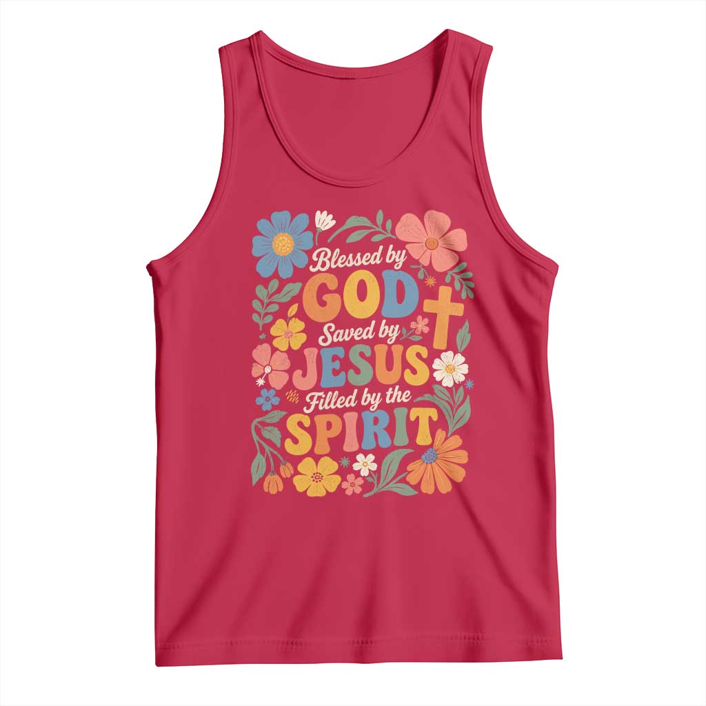 Boho Floral Christian Tank Top Blessed Saved By Jesus Cross Flower TS10 Red Print Your Wear