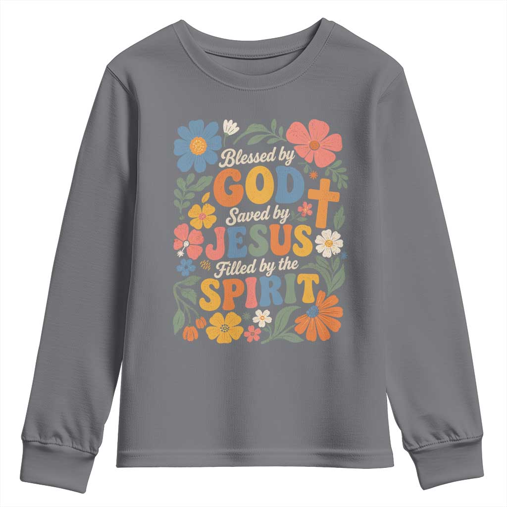 Boho Floral Christian Youth Sweatshirt Blessed Saved By Jesus Cross Flower TS10 Charcoal Print Your Wear