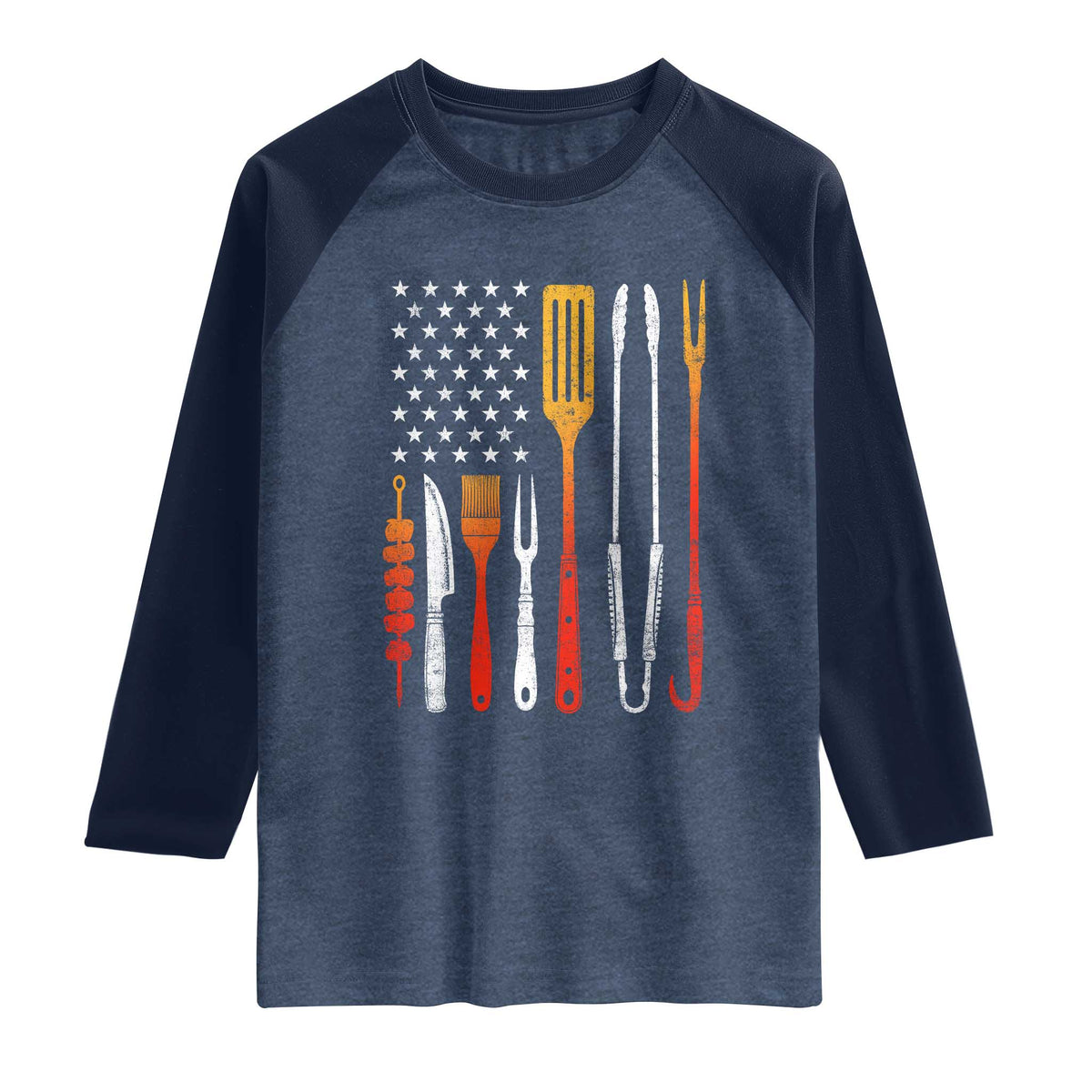 Bbq Smoker Raglan Shirt Barbecue Chef Smoking Tools Grilling Pit Master USA Flag TS10 Heather Denim Navy Print Your Wear