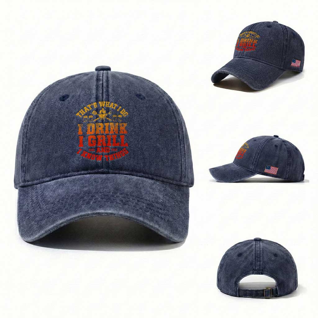 I Drink I Grill Washed Cotton Baseball Cap Funny Bbq Grilling Barbecue Beer Lovers TS10 Washed Cap Universal Fit Navy Print Your Wear