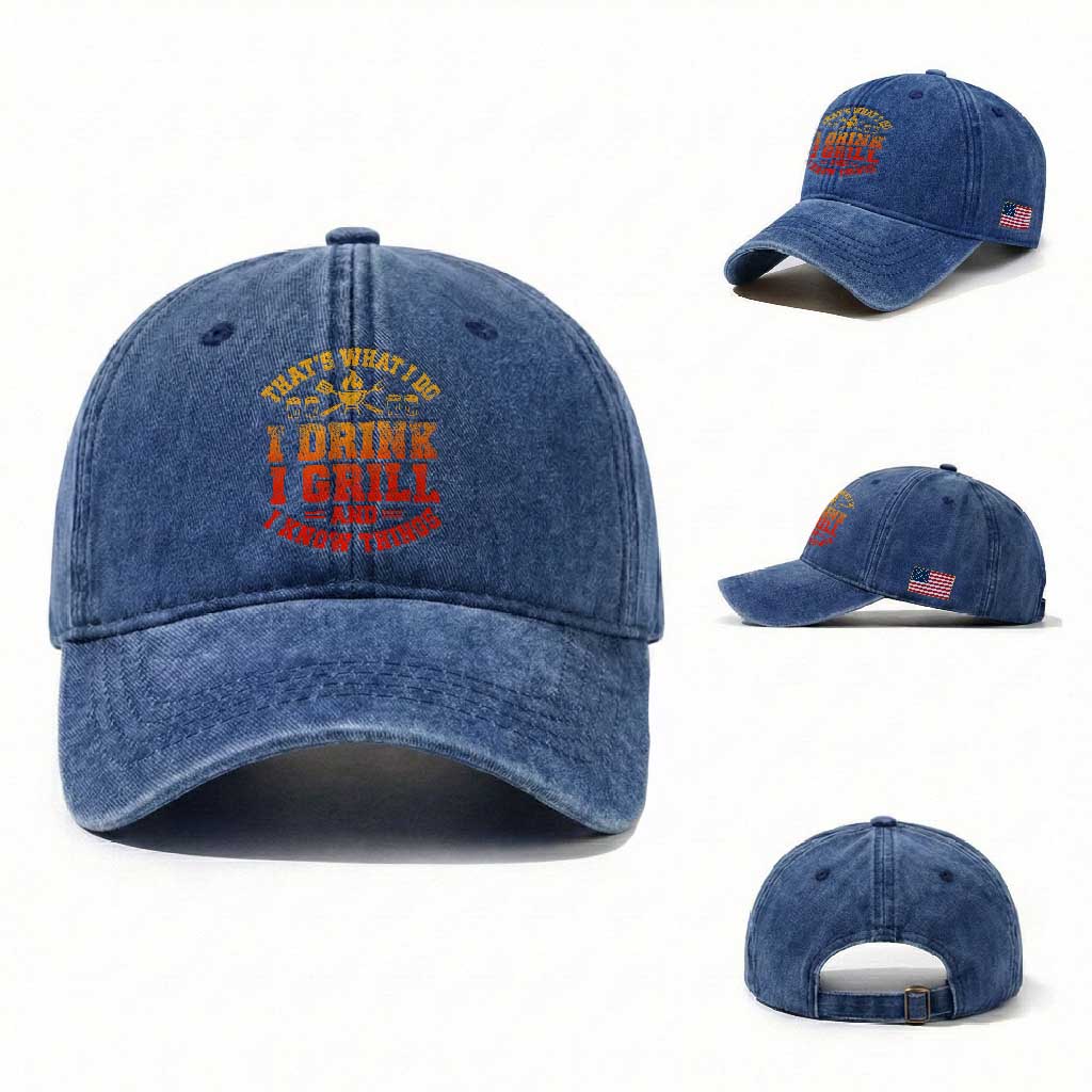 I Drink I Grill Washed Cotton Baseball Cap Funny Bbq Grilling Barbecue Beer Lovers TS10 Washed Cap Universal Fit Royal Blue Print Your Wear