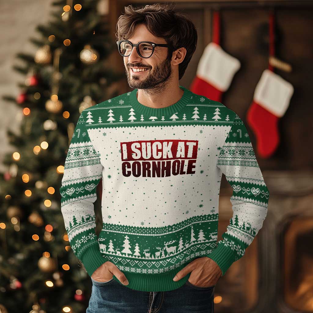 I Suck At Cornhole Ugly Christmas Sweater Funny Bean Bag Toss Game TS10 Beige Green Print Your Wear