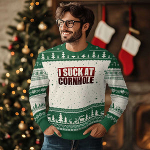 I Suck At Cornhole Ugly Christmas Sweater Funny Bean Bag Toss Game TS10 Beige Green Print Your Wear