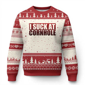 I Suck At Cornhole Ugly Christmas Sweater Funny Bean Bag Toss Game TS10 Beige Red Print Your Wear