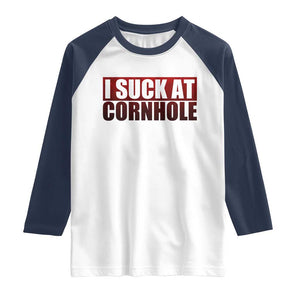 I Suck At Cornhole Raglan Shirt Funny Bean Bag Toss Game TS10 White Navy Print Your Wear