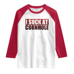 I Suck At Cornhole Raglan Shirt Funny Bean Bag Toss Game TS10 White Red Print Your Wear