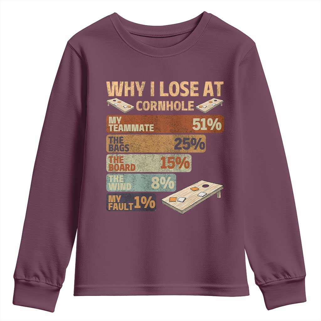 Funny Cornhole Player Youth Sweatshirt Retro Why I Lose Game Day Bean Bag Toss Game TS10 Maroon Print Your Wear