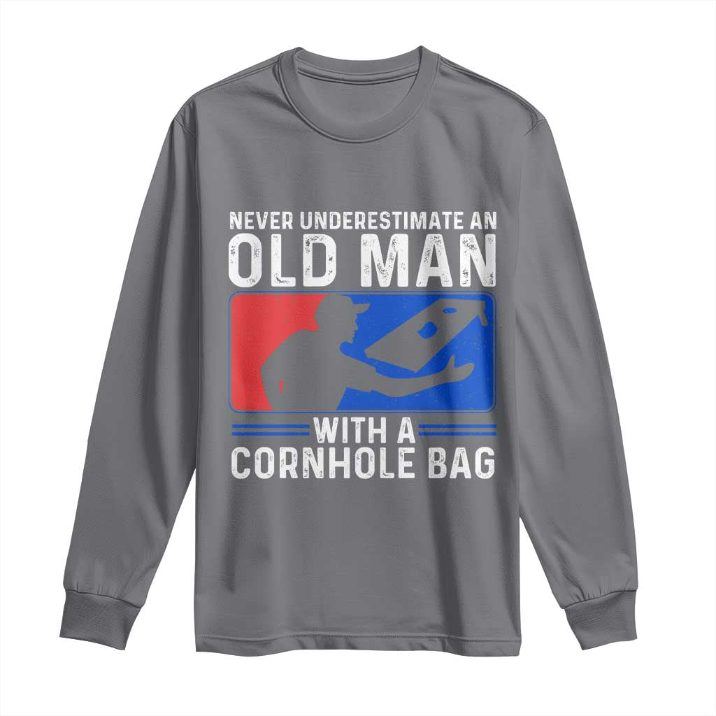 Funny Cornhole Player Long Sleeve Shirt Never Underestimate An Old Man With A Cornhole Bag TS10 Charcoal Print Your Wear