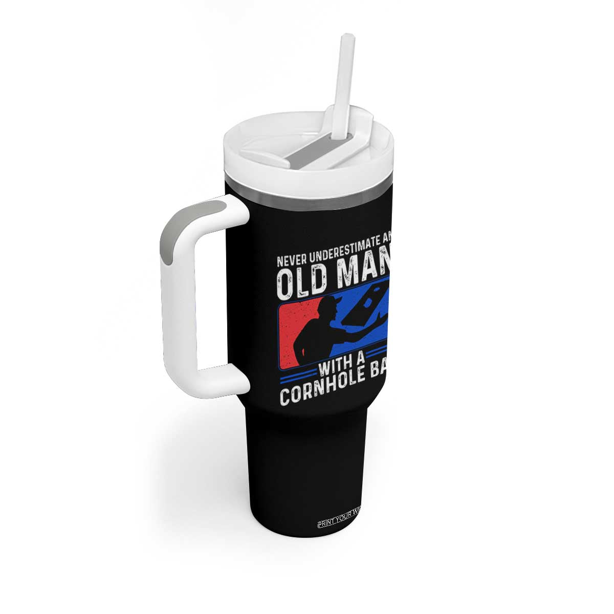 Funny Cornhole Player Tumbler With Handle Never Underestimate An Old Man With A Cornhole Bag TS10 Print Your Wear