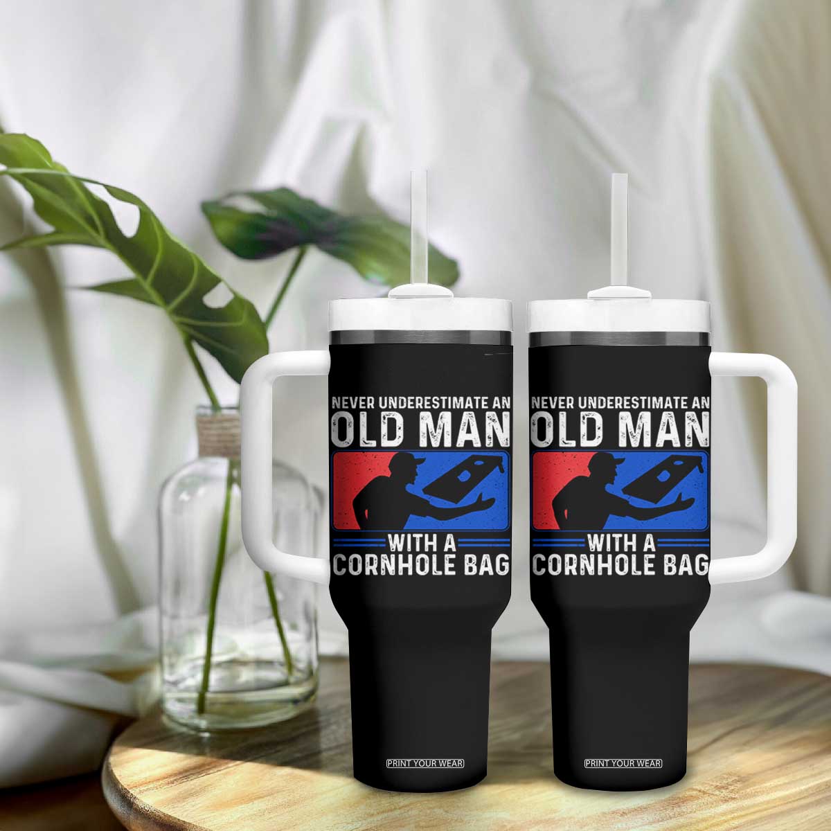 Funny Cornhole Player Tumbler With Handle Never Underestimate An Old Man With A Cornhole Bag TS10 Print Your Wear