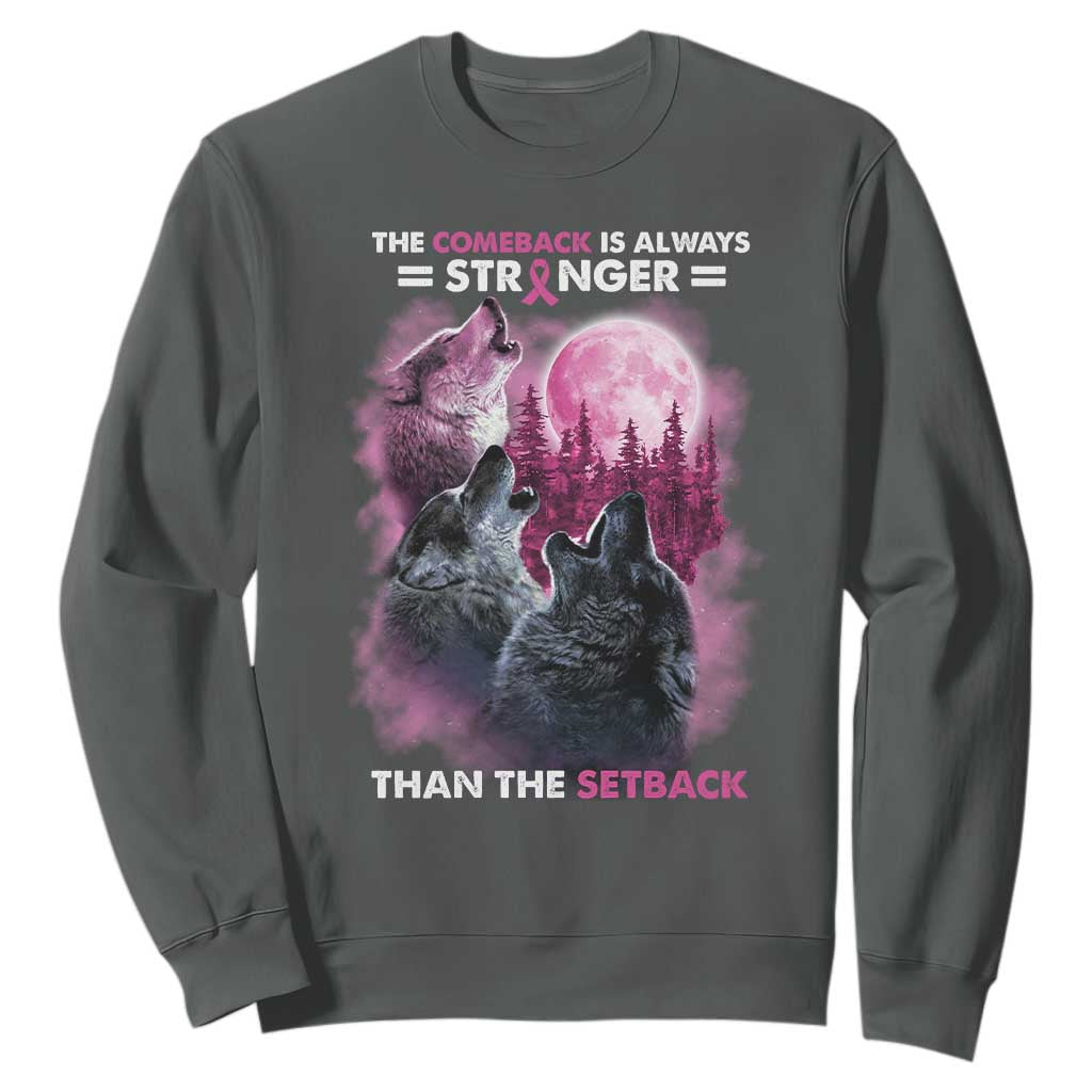 Pink Breast Cancer Sweatshirt Pink Ribbon Comeback Stronger Than Setback Wolf Moon TS10 Dark Heather Print Your Wear