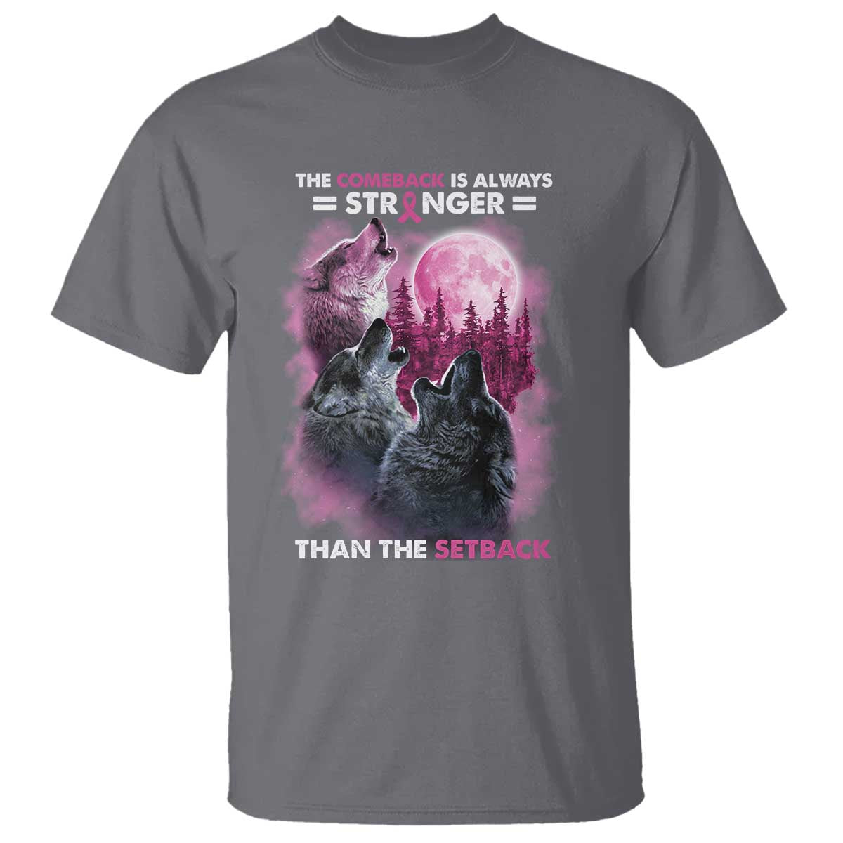 Pink Breast Cancer T Shirt Pink Ribbon Comeback Stronger Than Setback Wolf Moon TS10 Charcoal Print Your Wear