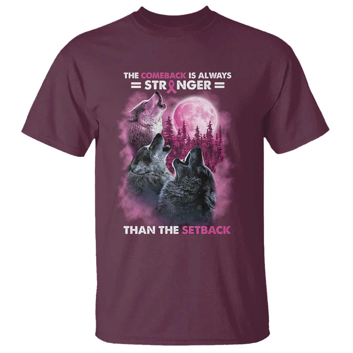 Pink Breast Cancer T Shirt Pink Ribbon Comeback Stronger Than Setback Wolf Moon TS10 Maroon Print Your Wear
