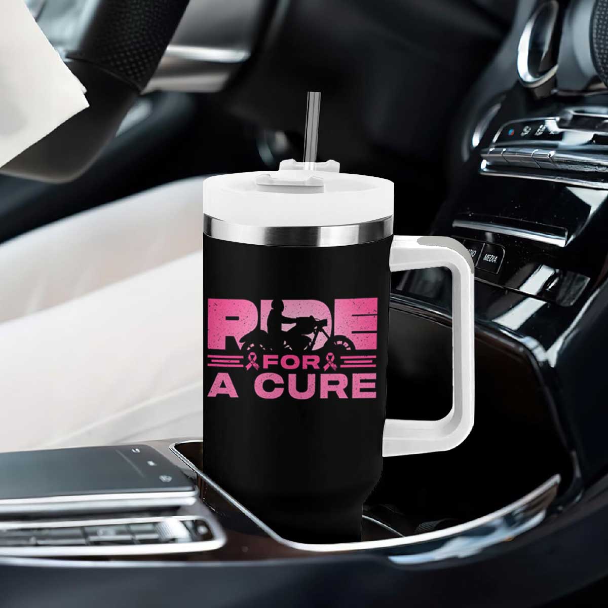 Breast Cancer Motorcycle Tumbler With Handle Pink Ribbon Ride For A Cure TS10 Print Your Wear
