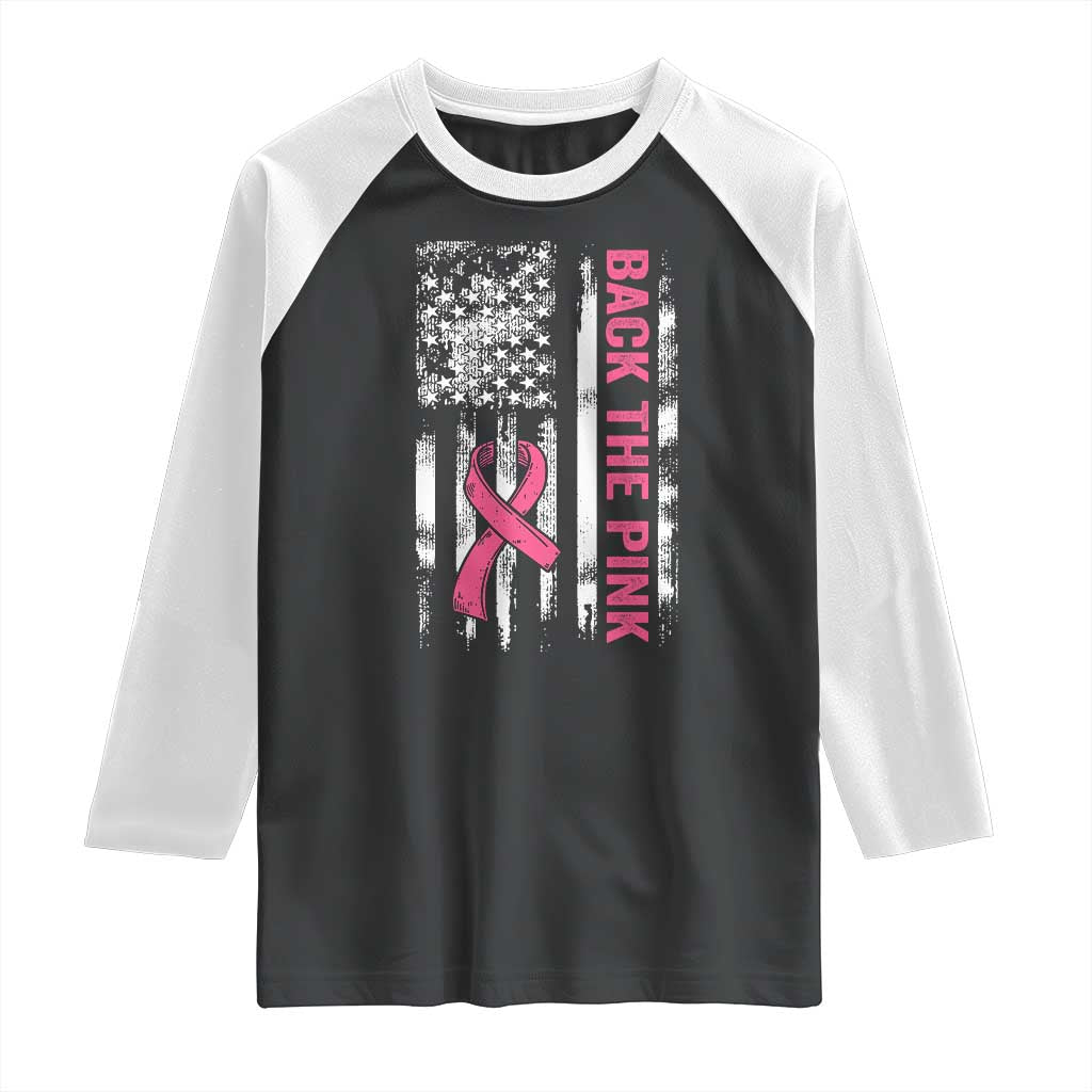 Back The Pink Ribbon Breast Cancer Awareness Raglan Shirt American Flag TS10 Black White Print Your Wear