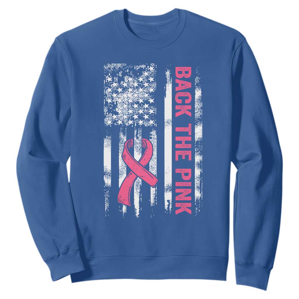 Back The Pink Ribbon Breast Cancer Awareness Sweatshirt American Flag TS10 Royal Blue Print Your Wear