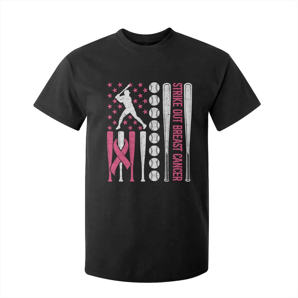 Baseball Breast Cancer T Shirt For Kid Pink Ribbon Strike Out Breast Cancer American Flag TS10 Black Print Your Wear