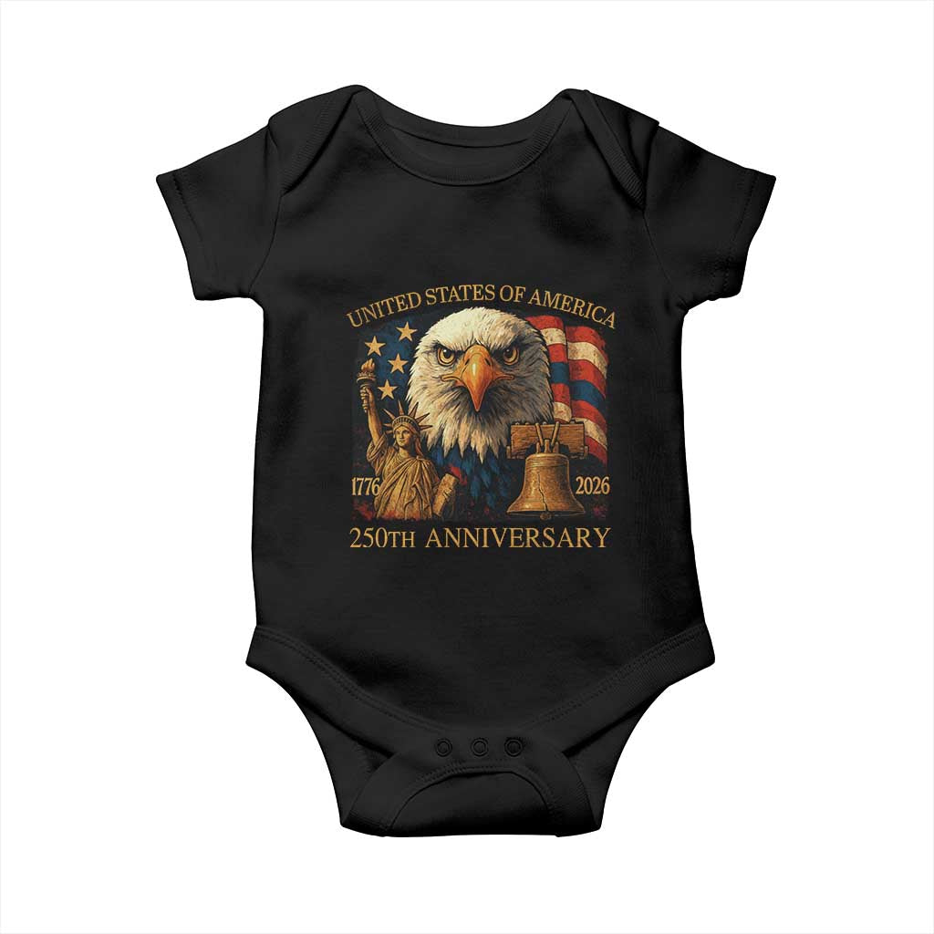 US 250th Anniversary Baby Onesie Retro Bald Eagle American Flag Patriotic Veterans TS10 Black Print Your Wear