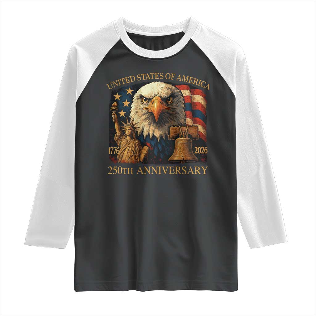 US 250th Anniversary Raglan Shirt Retro Bald Eagle American Flag Patriotic Veterans TS10 Black White Print Your Wear