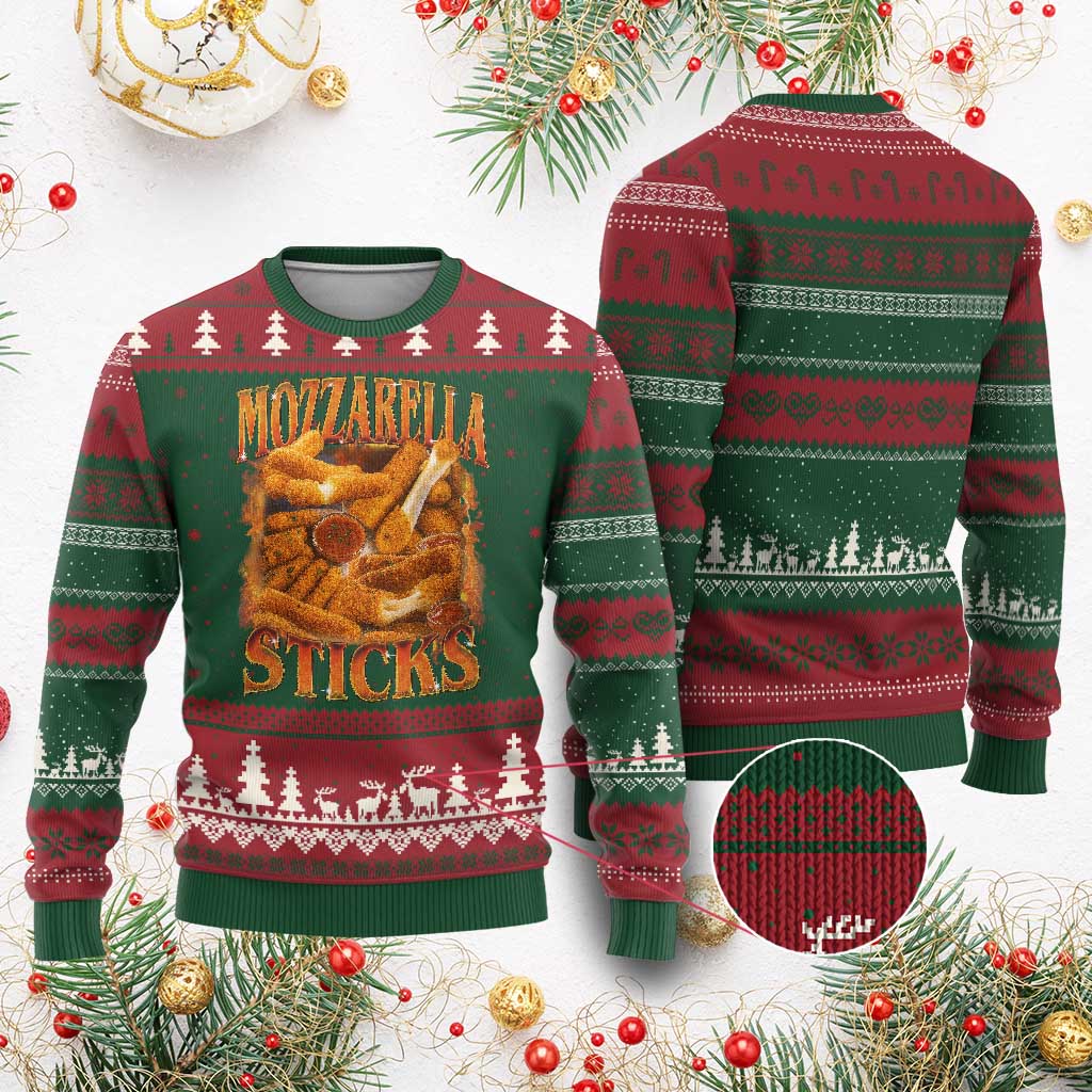 Mozzarella Sticks Ugly Christmas Sweater Funny Foodie Meme Snack Lover Vintage 90s TS10 Red Green Print Your Wear