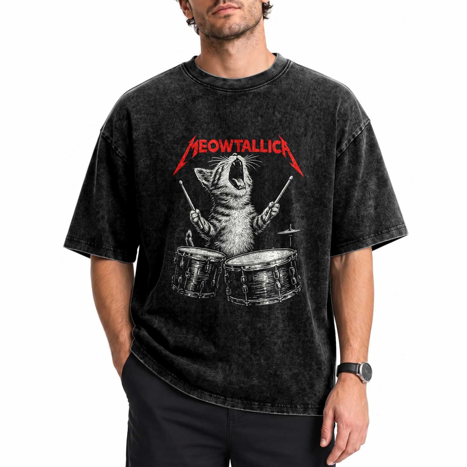 Rock On Vintage Drummer Cat Washed Cotton T-Shirt Vintage 90s 80s Band Style Gift for Cat Owners