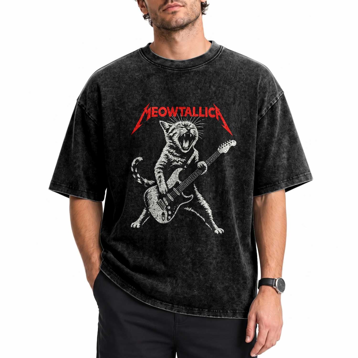 Funny Cat Playing Guitar Washed Cotton T-Shirt Vintage 90s Classic Rock Star Cat Graphic Rock and Roll