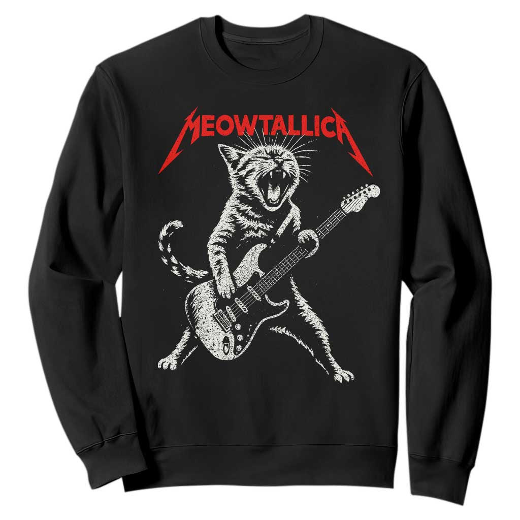 Funny Cat Playing Guitar Sweatshirt Vintage 90s Classic Rock Star Cat Graphic Rock and Roll TS10 Black Print Your Wear