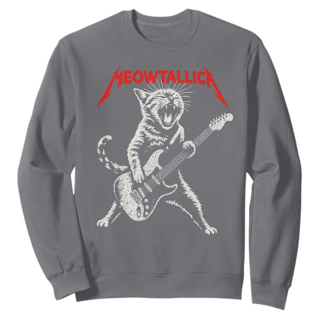 Funny Cat Playing Guitar Sweatshirt Vintage 90s Classic Rock Star Cat Graphic Rock and Roll TS10 Charcoal Print Your Wear