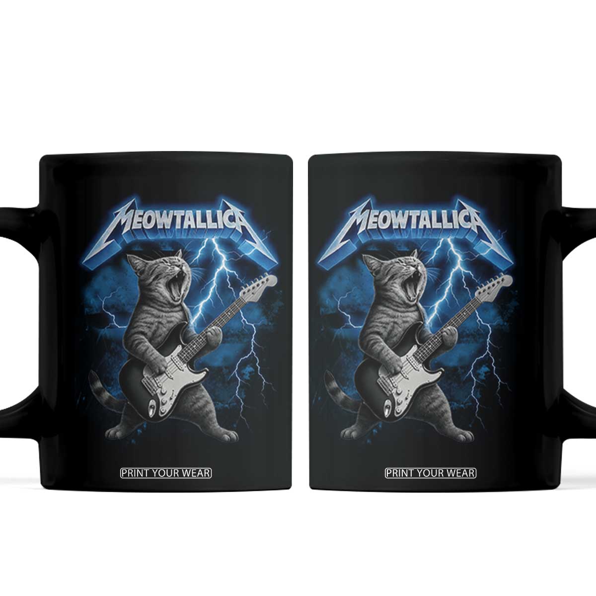 Funny Cat Playing Guitar Coffee Mug Vintage 90s Style Bootleg Graphic Rock Star Rock Cat TS10 Black Print Your Wear