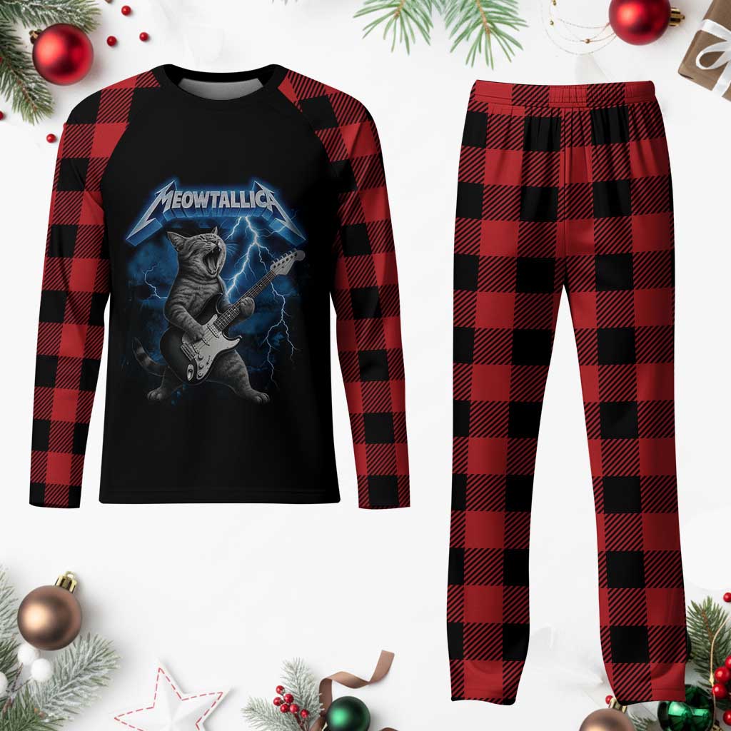 Funny Cat Playing Guitar Plaid Pajama Set Vintage 90s Style Bootleg Graphic Rock Star Rock Cat TS10 Buffalo Plaid Print Your Wear