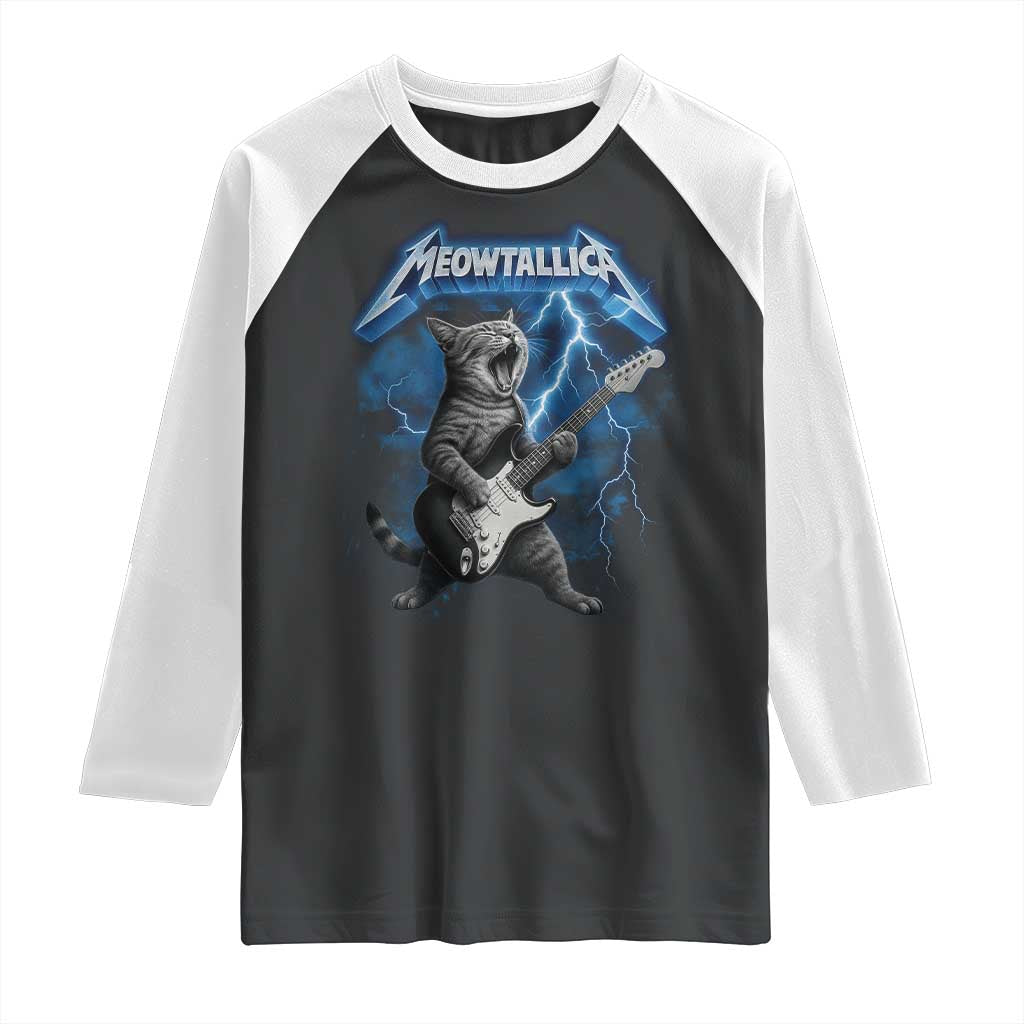 Funny Cat Playing Guitar Raglan Shirt Vintage 90s Style Bootleg Graphic Rock Star Rock Cat TS10 Black White Print Your Wear