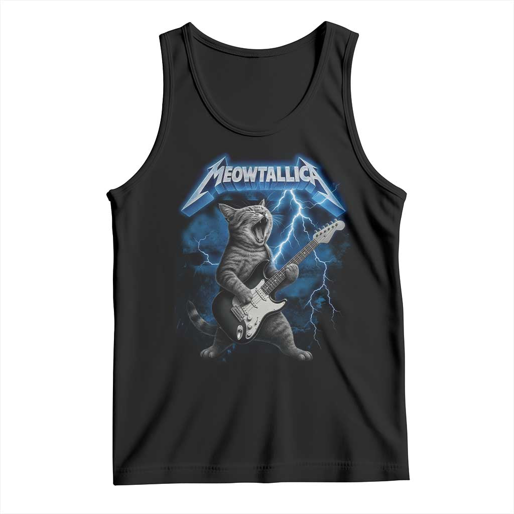 Funny Cat Playing Guitar Tank Top Vintage 90s Style Bootleg Graphic Rock Star Rock Cat TS10 Black Print Your Wear