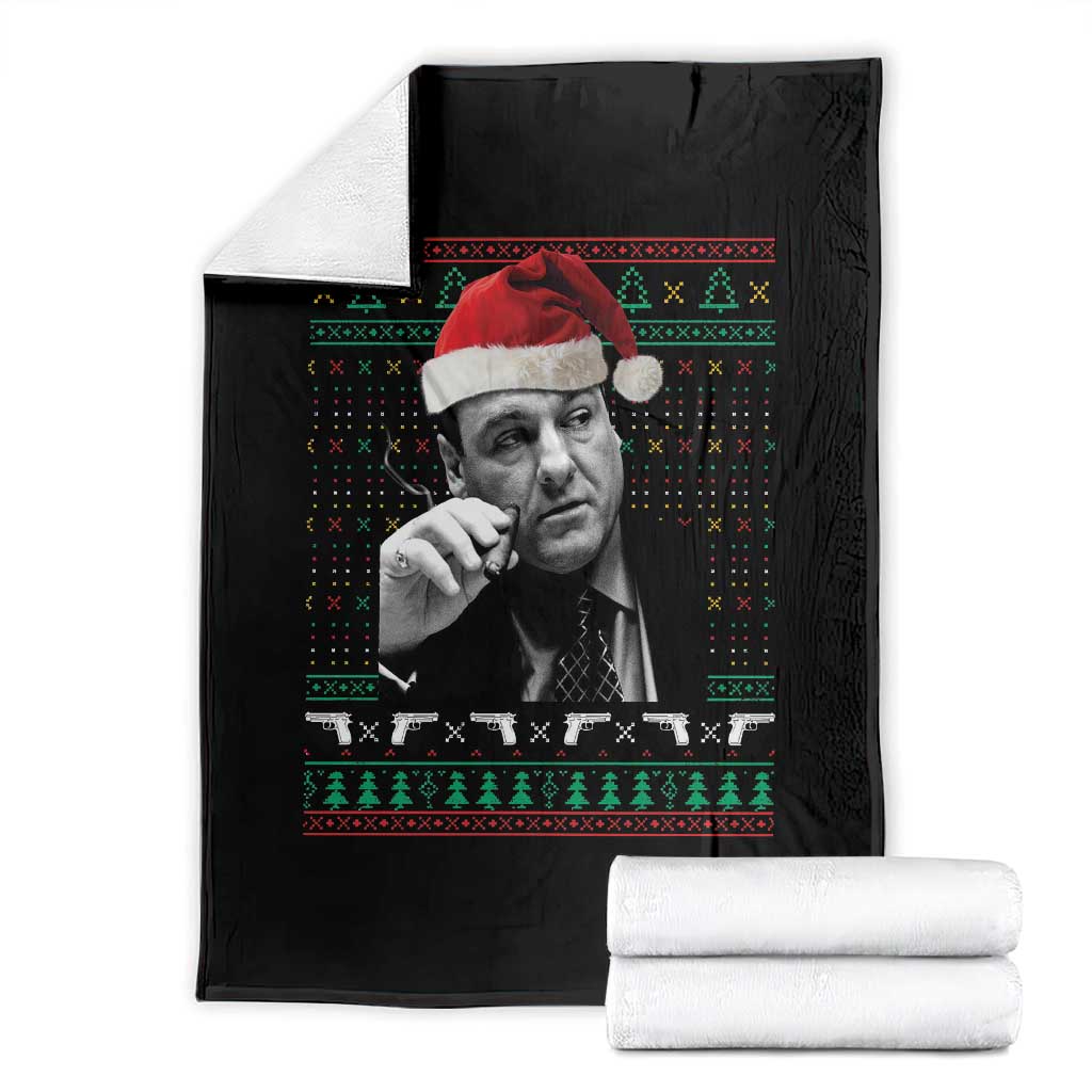 Funny Ugly Christmas Throw Blanket Funny Mafia Gangster Santa Sopranos Smoking TS10 Black Print Your Wear