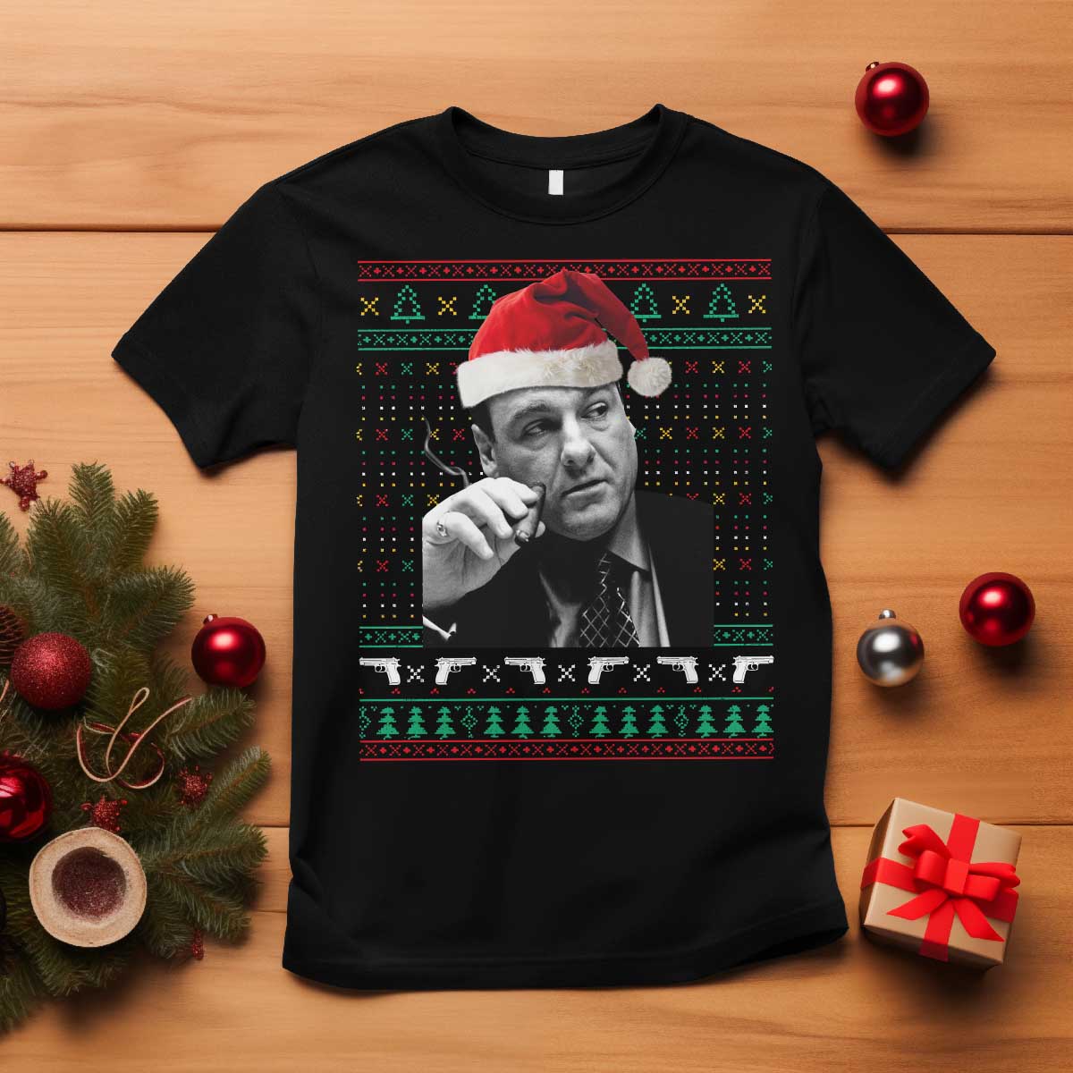Funny Ugly Christmas T Shirt Funny Mafia Gangster Santa Sopranos Smoking TS10 Black Print Your Wear