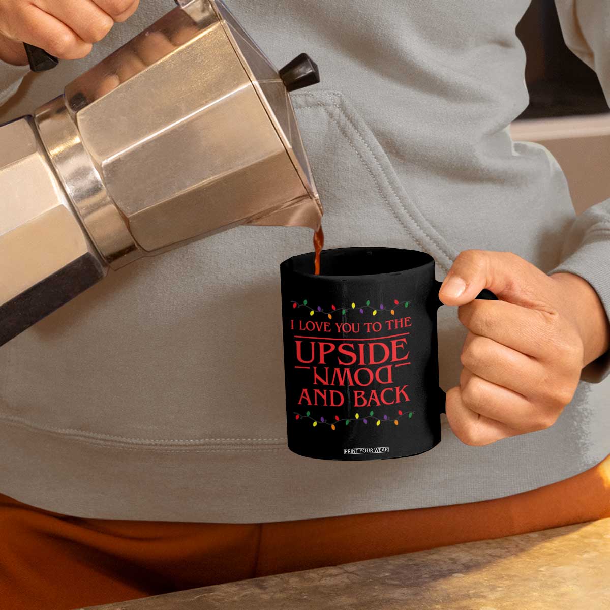 I Love You To The Upside Down Stranger Christmas Coffee Mug And Back Ugly Xmas Lights TS10 Print Your Wear